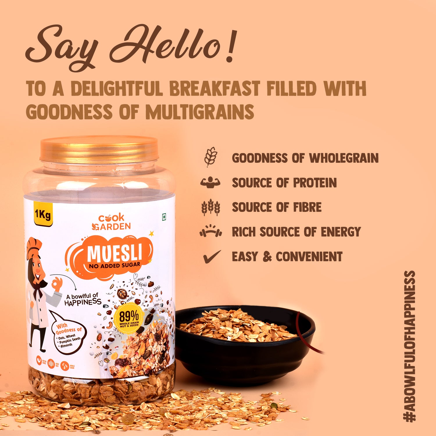 Zero Added Sugar Muesli 1kg | Breakfast with 89% Whole Grains, Almond+ Seeds | Rich In Fiber, Protein & Energy