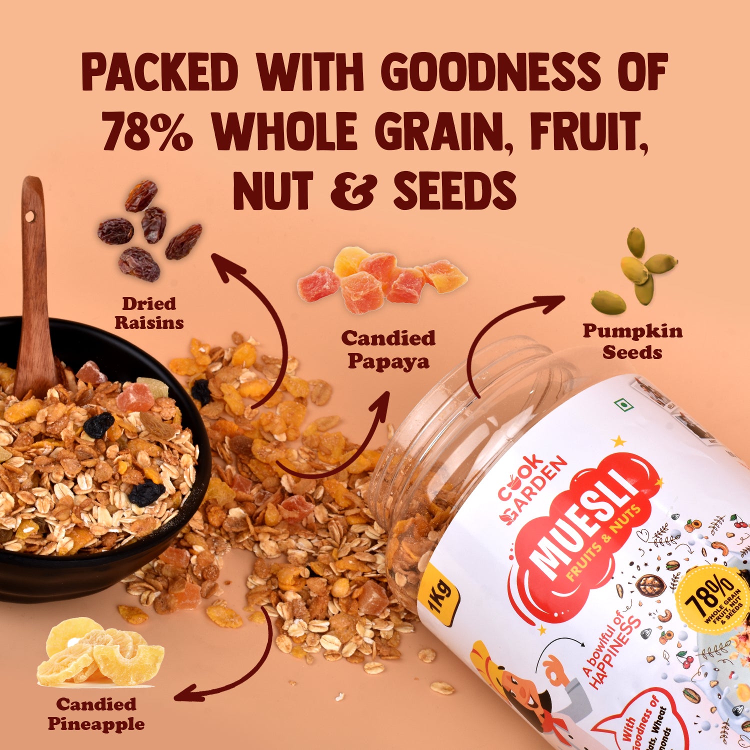 Muesli Fruits, Nuts with Pumpkin seeds 1Kg | Whole grain, High Protein, High Fibre | No chemical, Omega rich | Wholegrain Breakfast