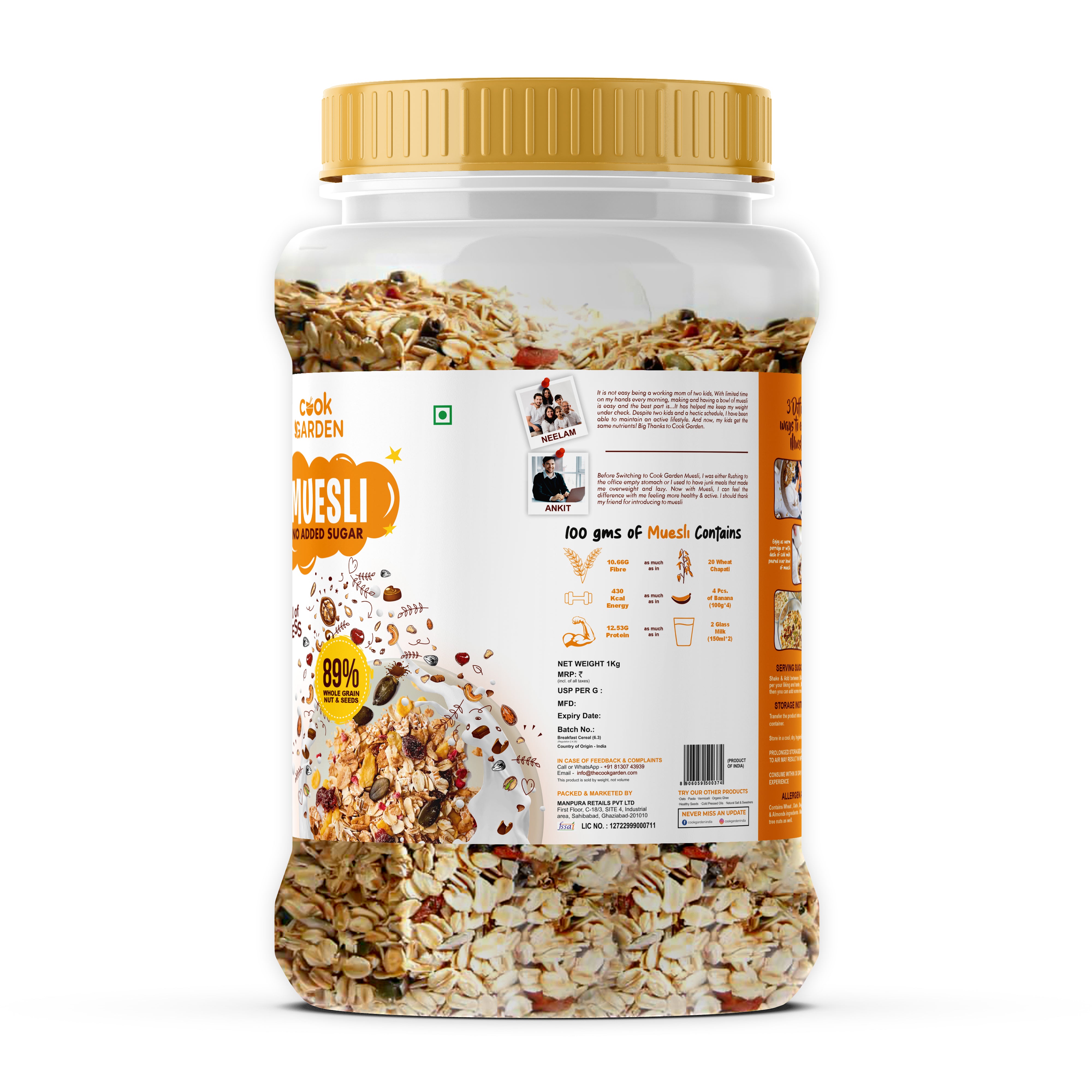 Zero Added Sugar Muesli 1kg | Breakfast with 89% Whole Grains, Almond+ Seeds | Rich In Fiber, Protein & Energy