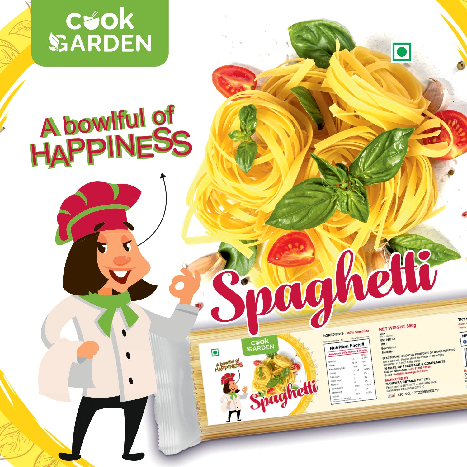 CookGarden 100% Semolina Durum Wheat | No Maida | Rich in Calcium & Protein Spaghetti  500g