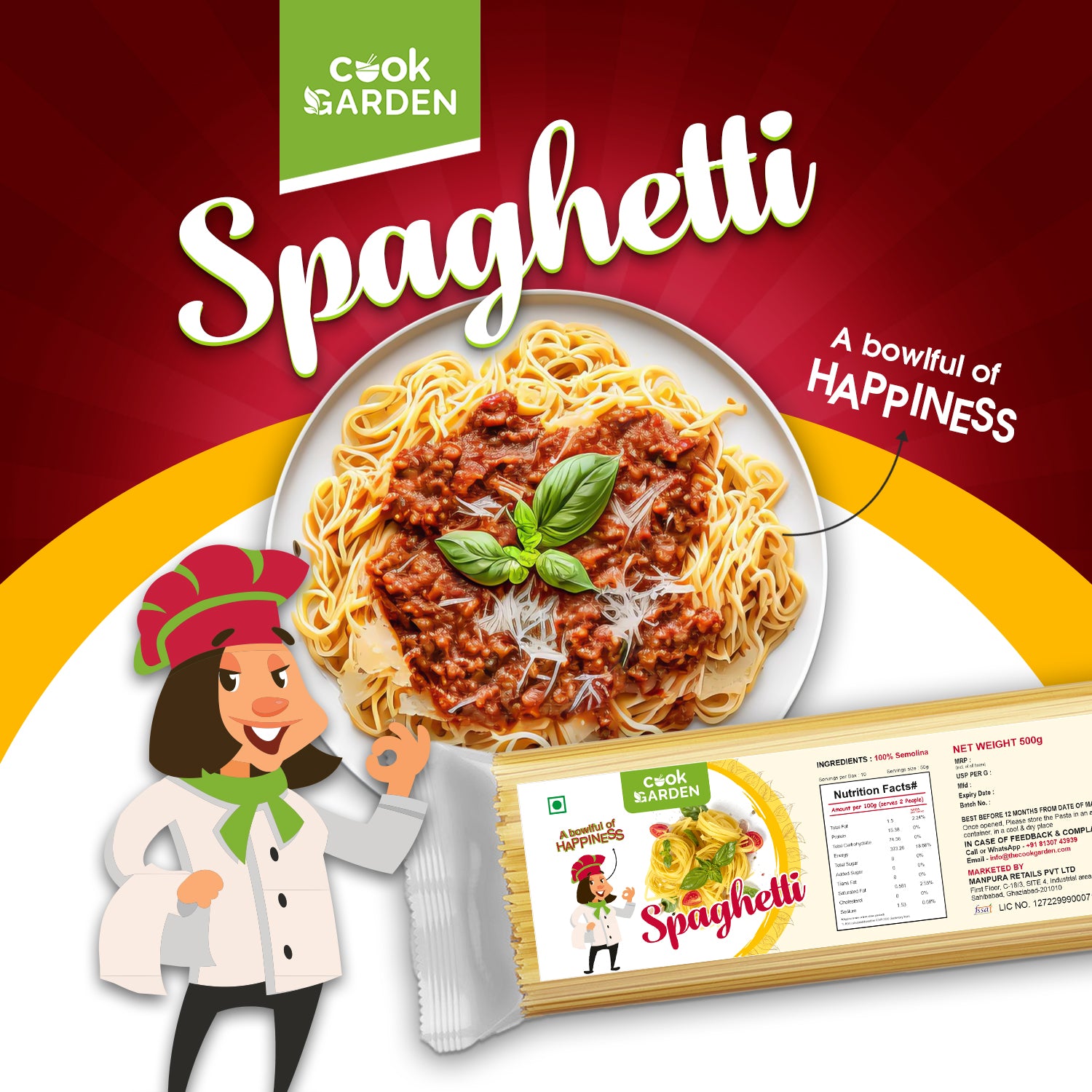 CookGarden 100% Semolina Durum Wheat | No Maida | Rich in Calcium & Protein Spaghetti  500g
