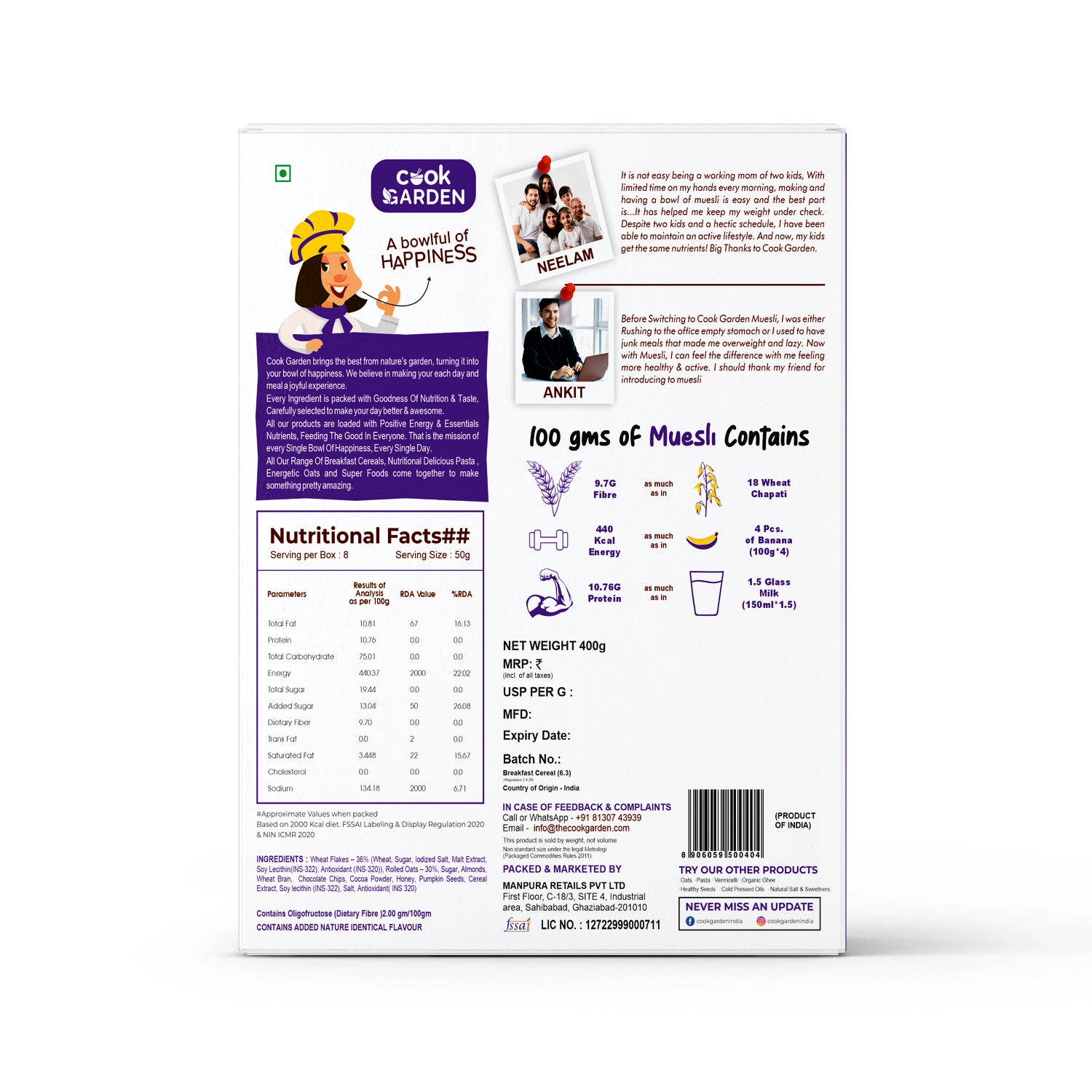 Dark Chocolate Almond Muesli 400g | Healthy Protein Food & Breakfast Cereal | Real Chocolate with added Bran, Seeds, Honey, Dry Fruits  | 100% Vegan & No Preservative |100% WholeGrain