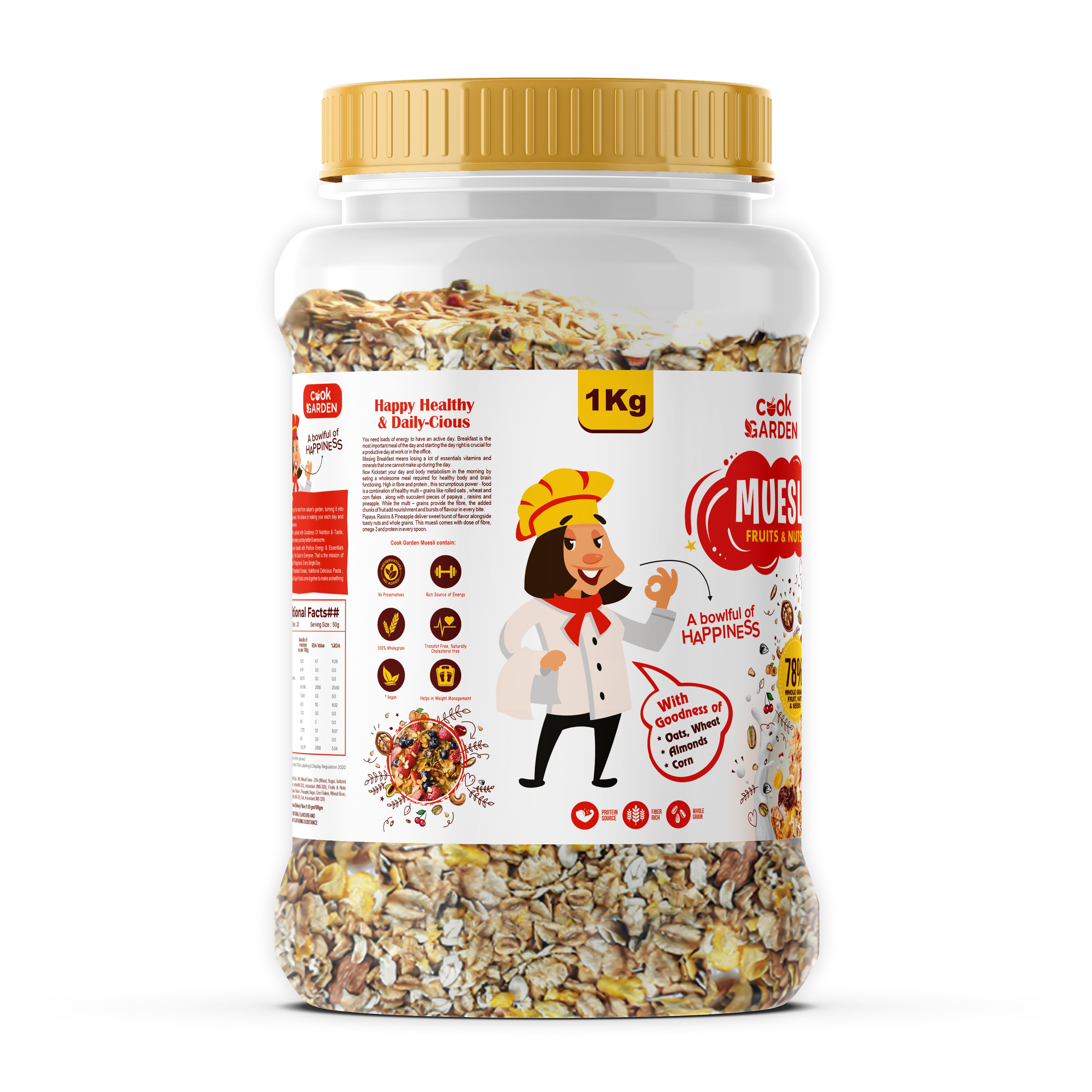 CookGarden Fruits & Nuts Muesli with Pumpkin seeds 1kg*Pack of 2 | Whole grain, High Protein, High Fibre | No chemical, Omega rich | Wholegrain Breakfast