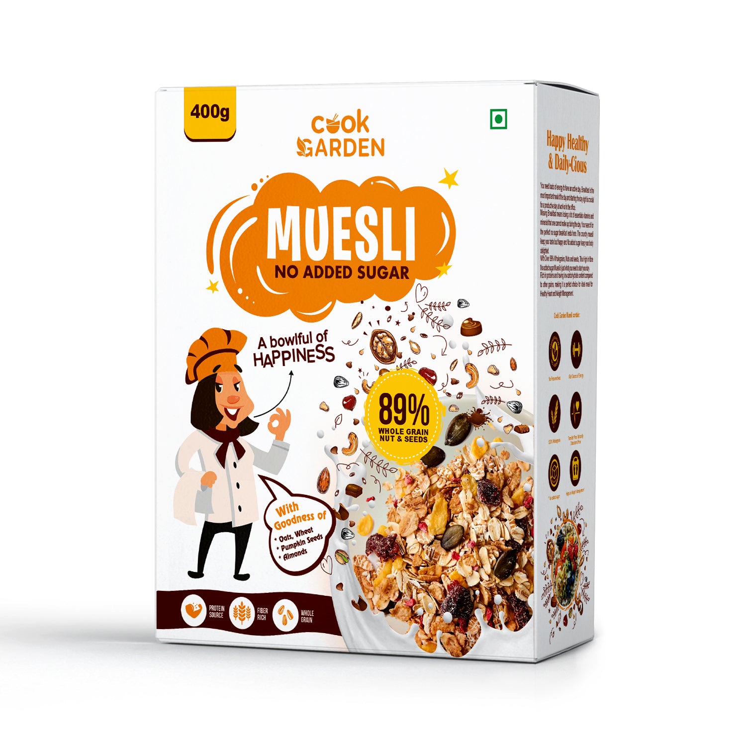 No Added Sugar Muesli 400g | Breakfast with 89% Whole Grains, Almond+ Seeds | Rich In Fiber, Protein & Energy